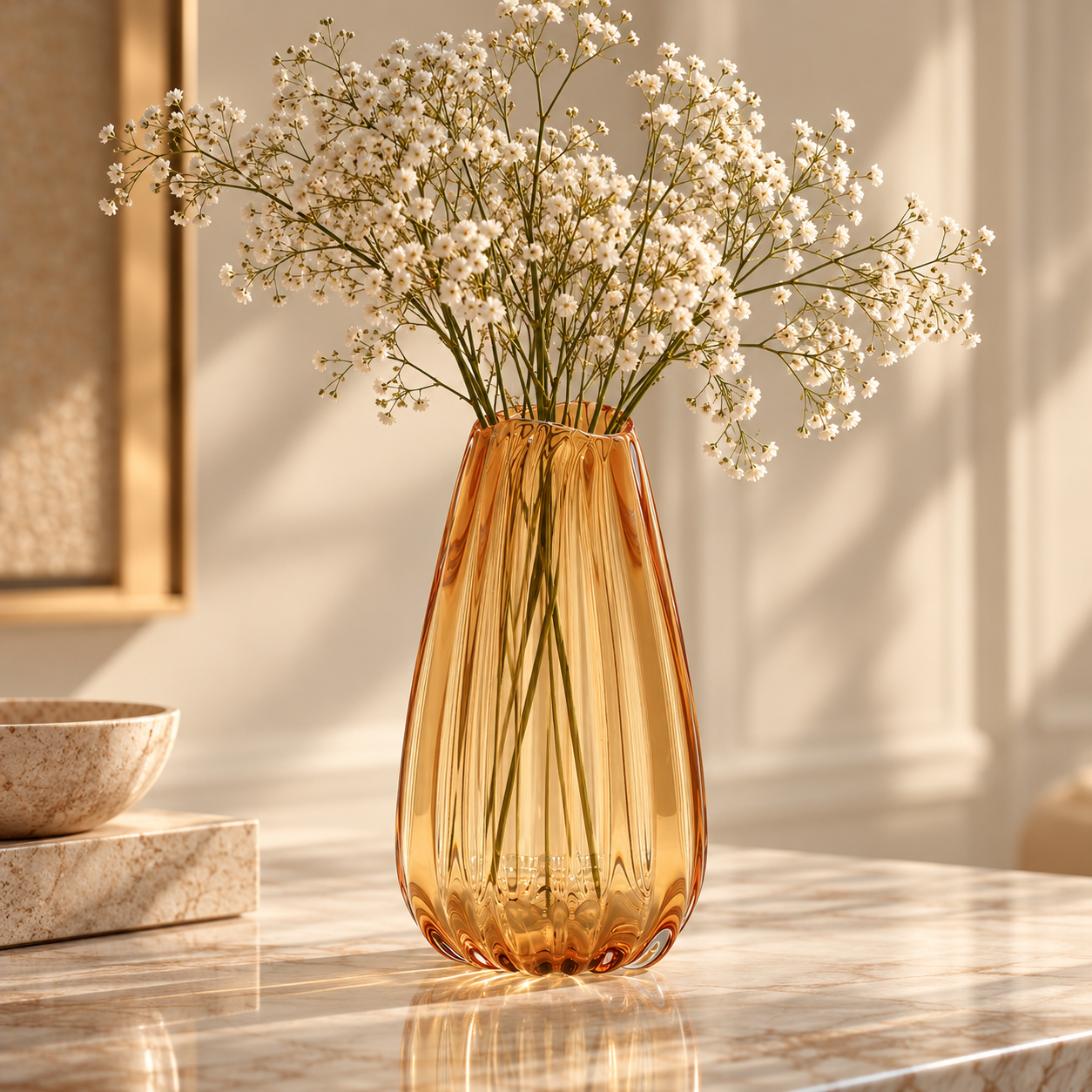 Amber Vase with Delicate White Blooms Amber Vase with Delicate White Blooms