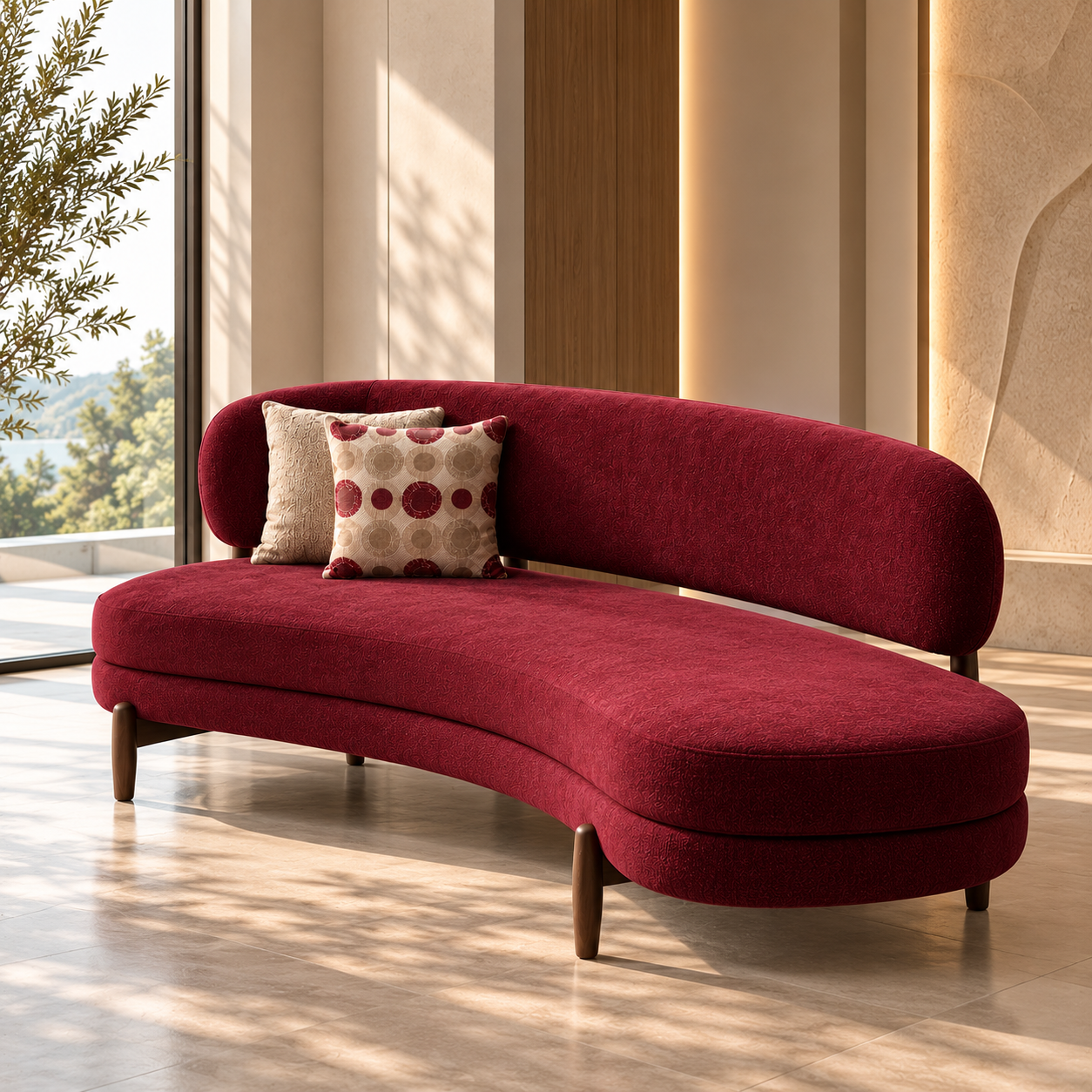Burgundy Curved Sofa in Sunlit Interior Burgundy Curved Sofa in Sunlit Interior