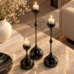 Elegant Black Candlesticks on Marble Tabletop