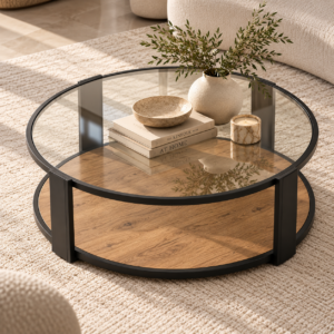 Elegant Glass and Wood Coffee Table Vignette