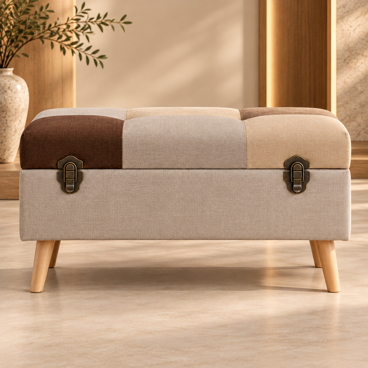 Elegant Tufted Storage Bench in Warm Interior Elegant Tufted Storage Bench in Warm Interior