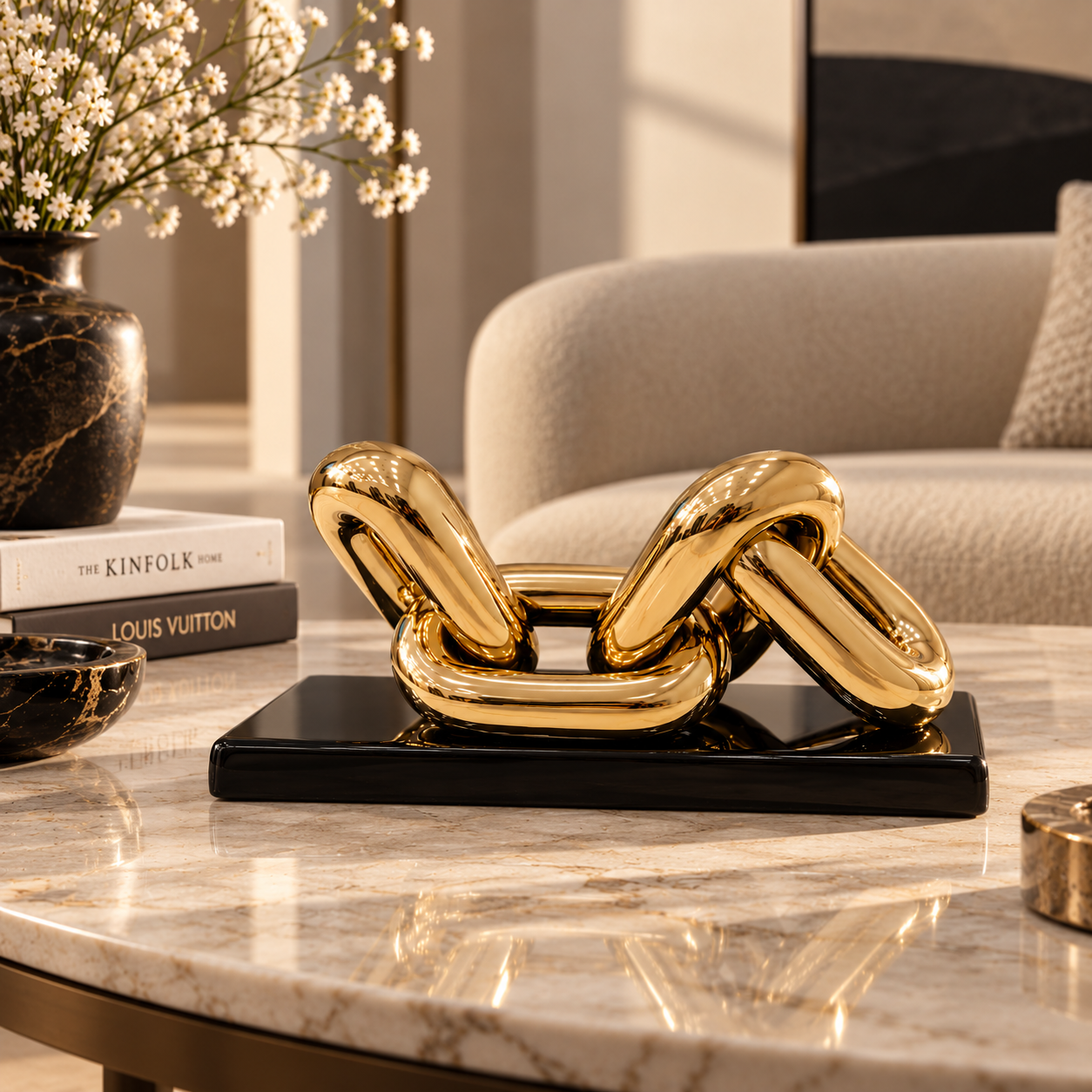 Golden Chain Sculpture on Marble Table Golden Chain Sculpture on Marble Table