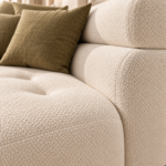 Ivory Bouclé Sofa with Olive Pillows