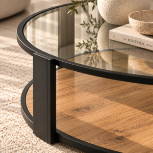 Modern Glass Coffee Table with Oak Shelf