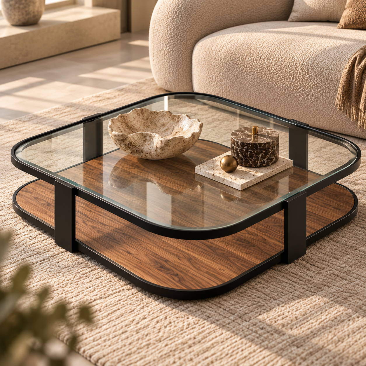 Modern Walnut and Glass Coffee Table Vignette Modern Walnut and Glass Coffee Table Vignette