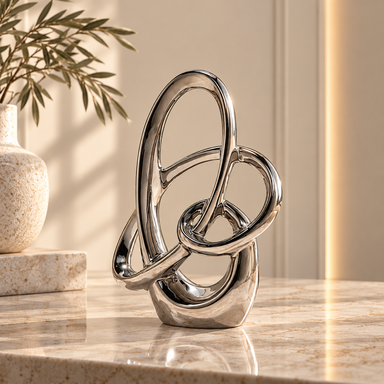 Polished Chrome Loop Sculpture in Warm Interior Polished Chrome Loop Sculpture in Warm Interior