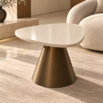 Sculptural Bronze Pedestal Table in a Cozy Neutral Lounge
