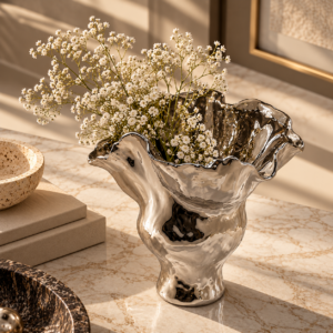 Sculptural Chrome Vase with Baby’s Breath