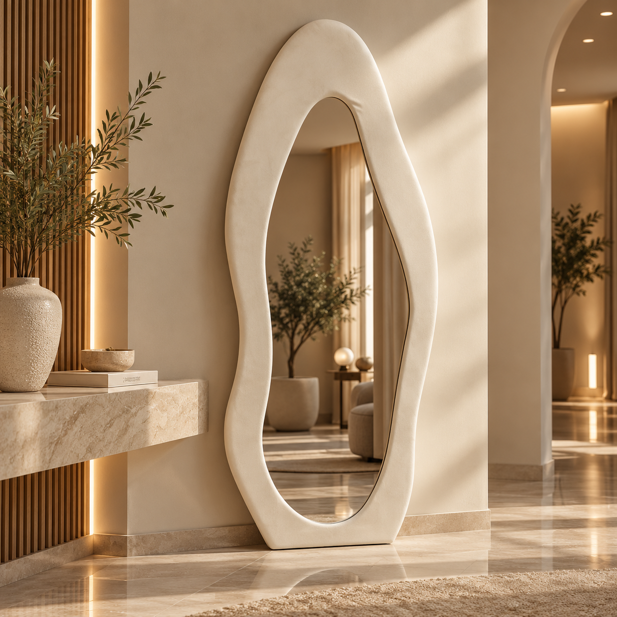 Sculptural Mirror in a Warm Minimalist Foyer Sculptural Mirror in a Warm Minimalist Foyer