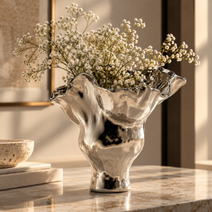 Sculptural Silver Vase with Baby’s Breath