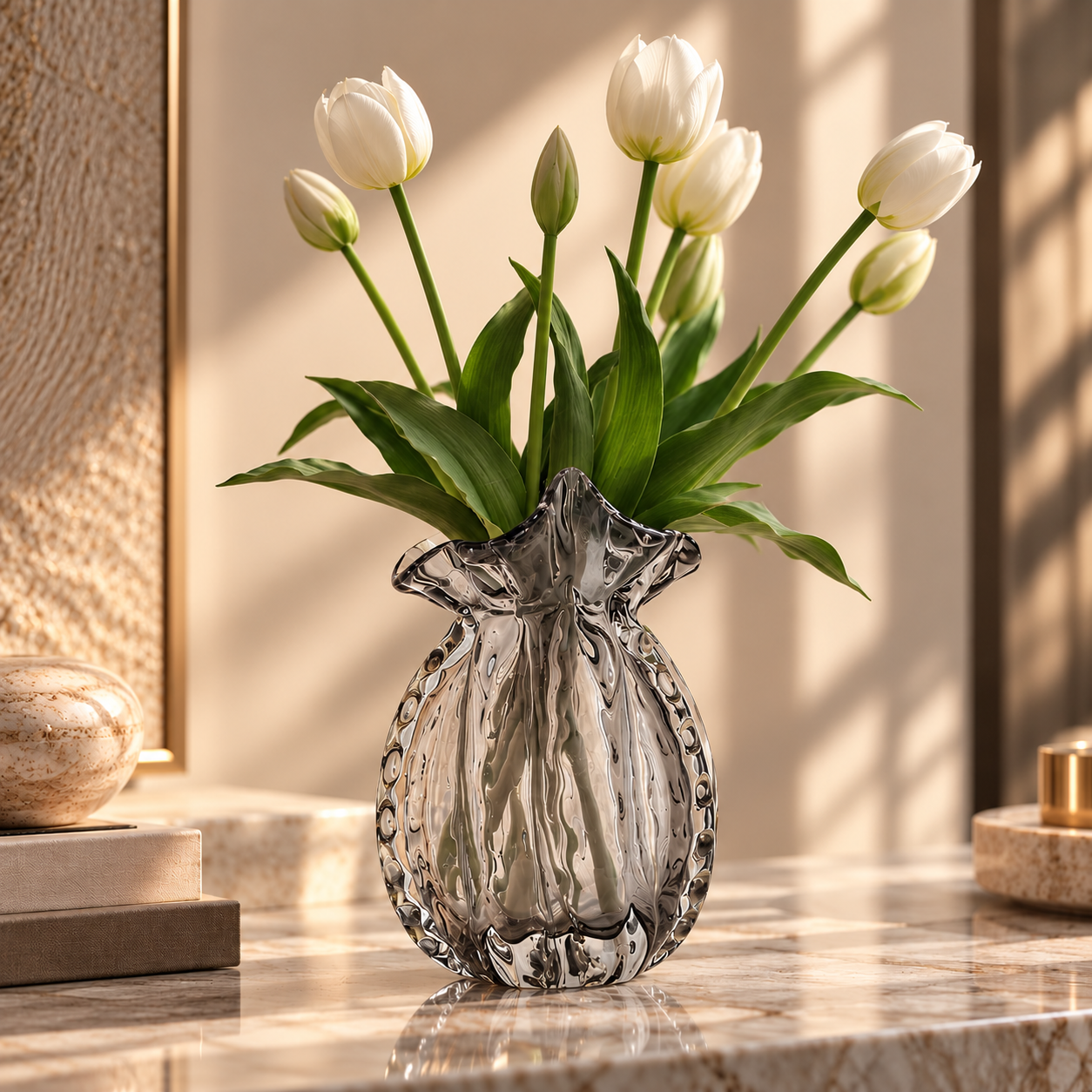 Smoky Glass Vase with White Tulips Smoky Glass Vase with White Tulips