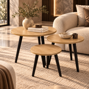 Sunlit Oak Nesting Tables in a Cozy Living Room