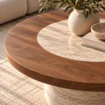 Sunlit Travertine and Walnut Coffee Table