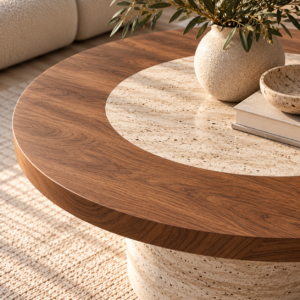 Sunlit Travertine and Walnut Coffee Table