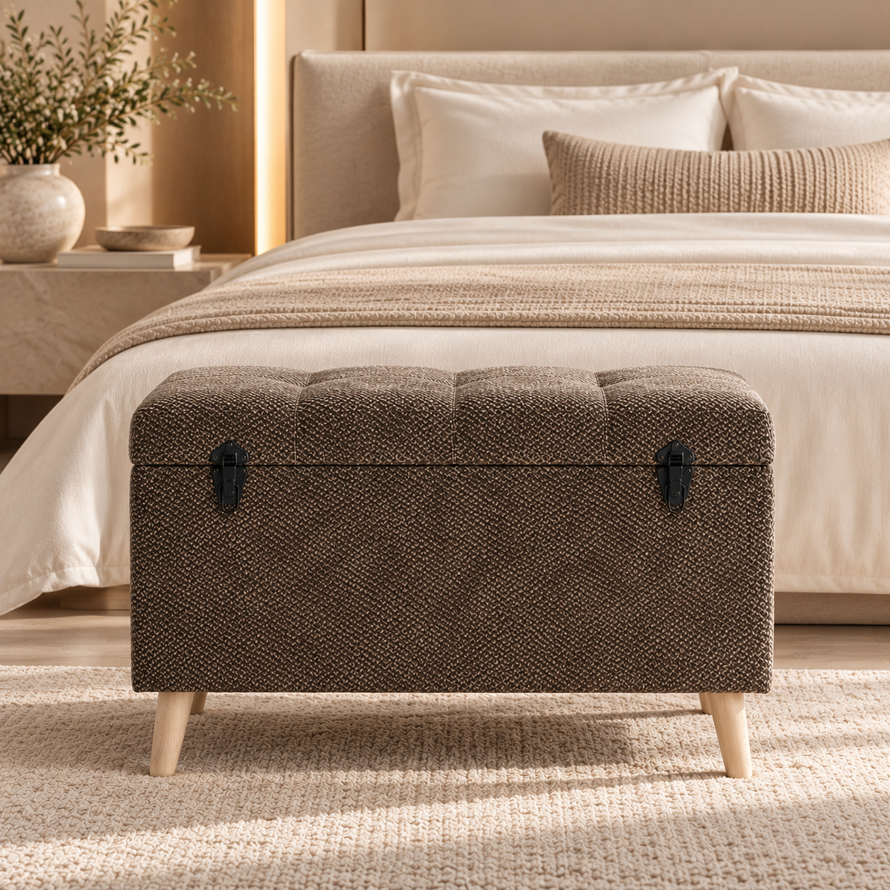 Taupe Ottoman in a Cozy Minimalist Bedroom Taupe Ottoman in a Cozy Minimalist Bedroom