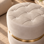 Tufted Ivory Ottoman with Gold Accent