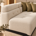 Warm Bouclé Sofa Corner with Olive Pillows