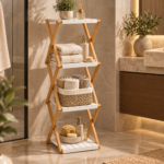 Warm Minimalist Bathroom Shelf Vignette