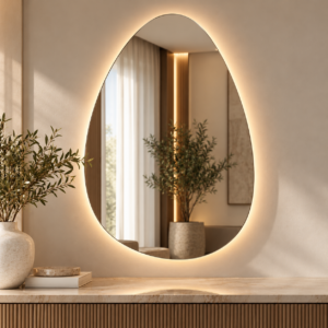 Warm Minimalist Halo Mirror Entryway