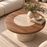 Warm Minimalist Oak and Travertine Coffee Table