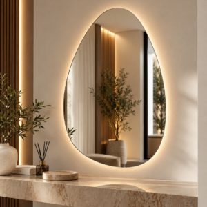 Warm Minimalist Vanity with Glowing Mirror
