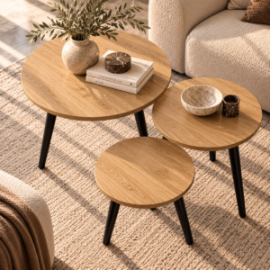 Warm Oak Nesting Tables in Sunlit Interior