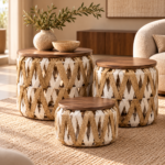 Warm Woven Nesting Tables in Sunlit Living Room
