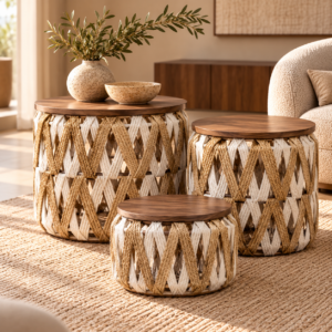 Warm Woven Nesting Tables in Sunlit Living Room