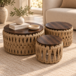 Warm Woven Tables in a Neutral Living Room