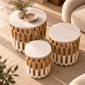 Woven Nesting Tables in a Sunlit Living Room