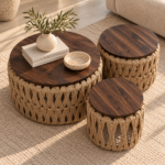 Woven Walnut Table Trio in Sunlight