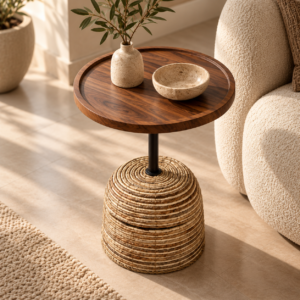 Woven Walnut Table by a Sunlit Sofa
